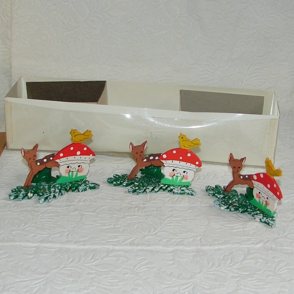 Vtg W Germany Wood CANDLEHOLDER Set of 3: Polka Dot Mushroom Folk Art, Mint Cond